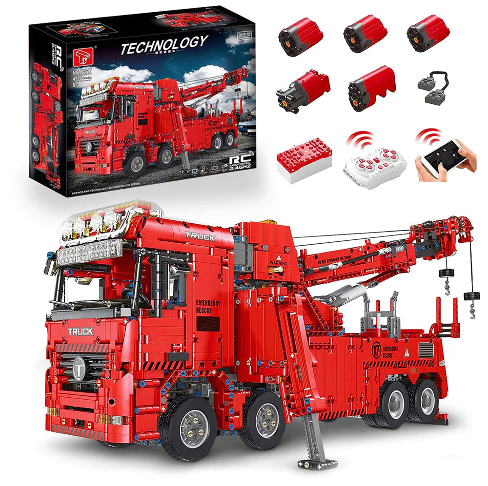 Technik LKW Feuerwehrauto Modell, 4900 Teile Technik Feuerwehr LKW mit Kran, 5 Motoren Bauset Kompatibel mit Lego Technik (Upgrade Version)