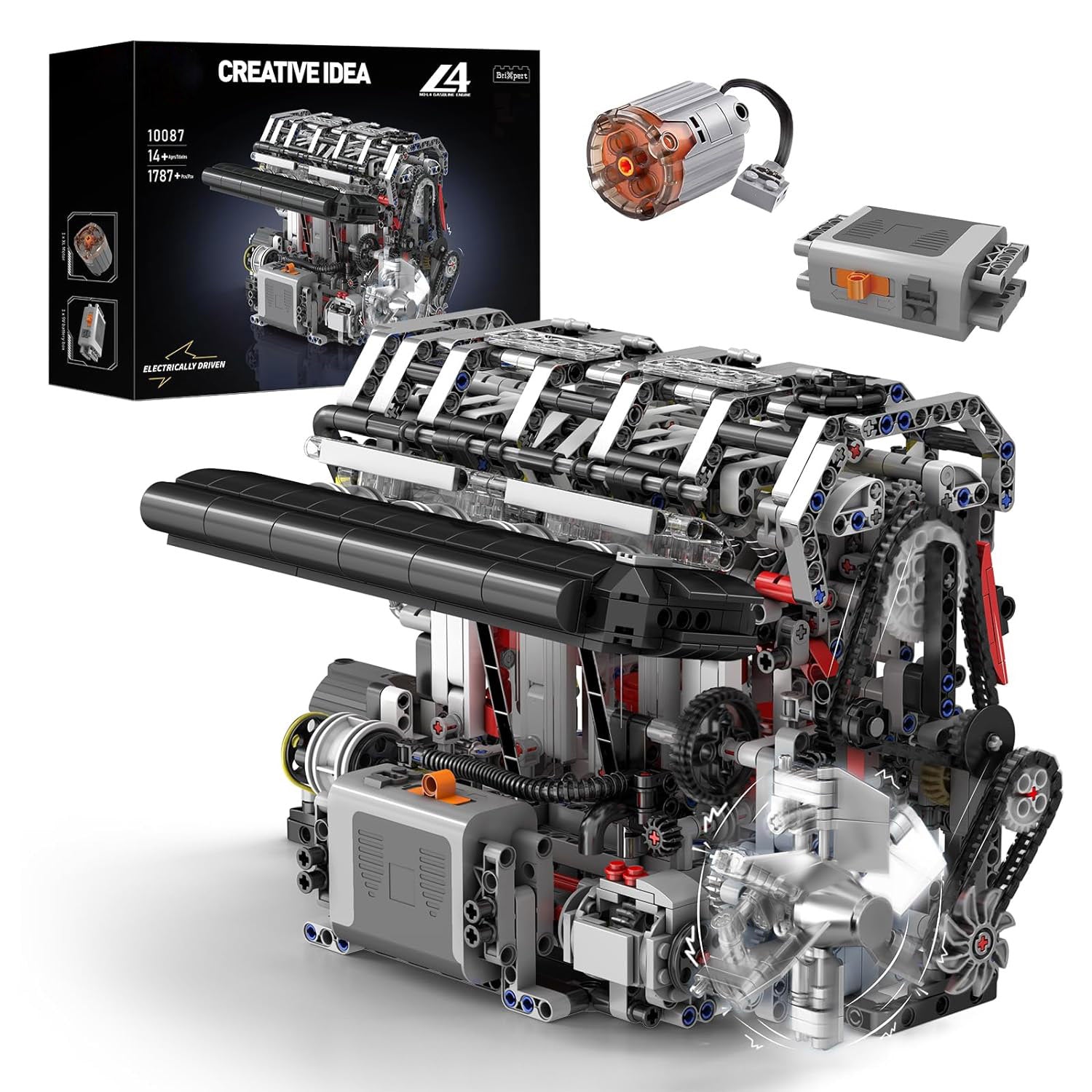 MOC 10087 Technik L4 Die Vier-Zylinder-Reihenbenzinmotor-Blockbausatz Klemmbausteine Bausatz Enthält Motor und Batteriekasten V4-Motor (1787 Teile+)