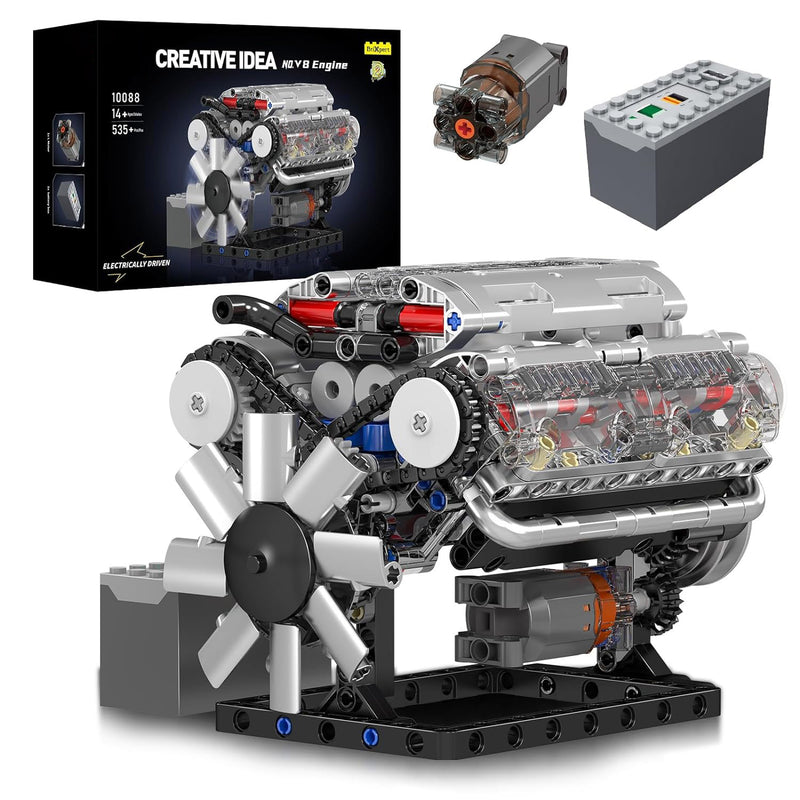 MOC 10088 Technik V8 Achtzylinder-Motor Reihenbenzinmotor-Blockbausatz Klemmbausteine Bausatz Enthält Motor und Batteriekasten V8-Motor (535 Teile+)