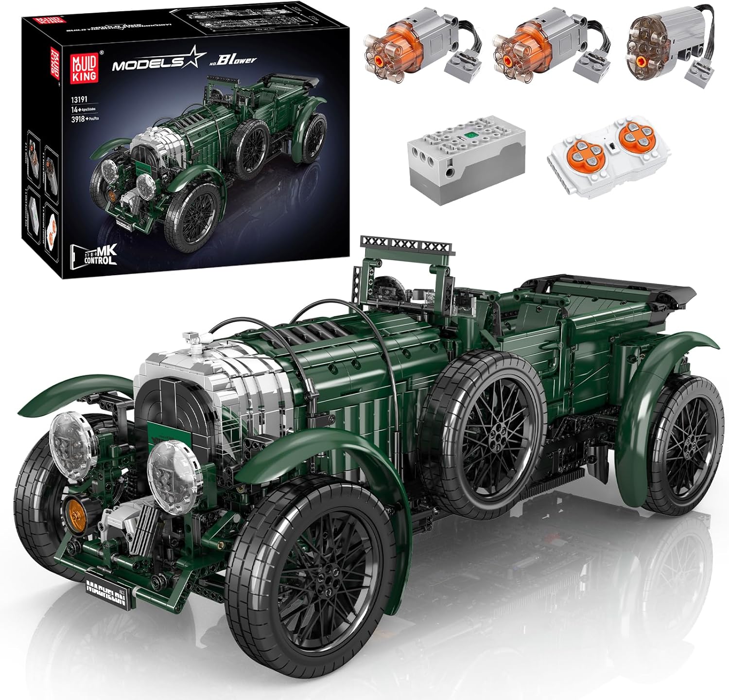 Mould King 13191 Technik Britischer Oldtimer Auto Modell Baukasten, APP Ferngesteuert Sportwagen Klemmbausteine Bausatz für Kinder/Erwachsene (3918+ Stücke)