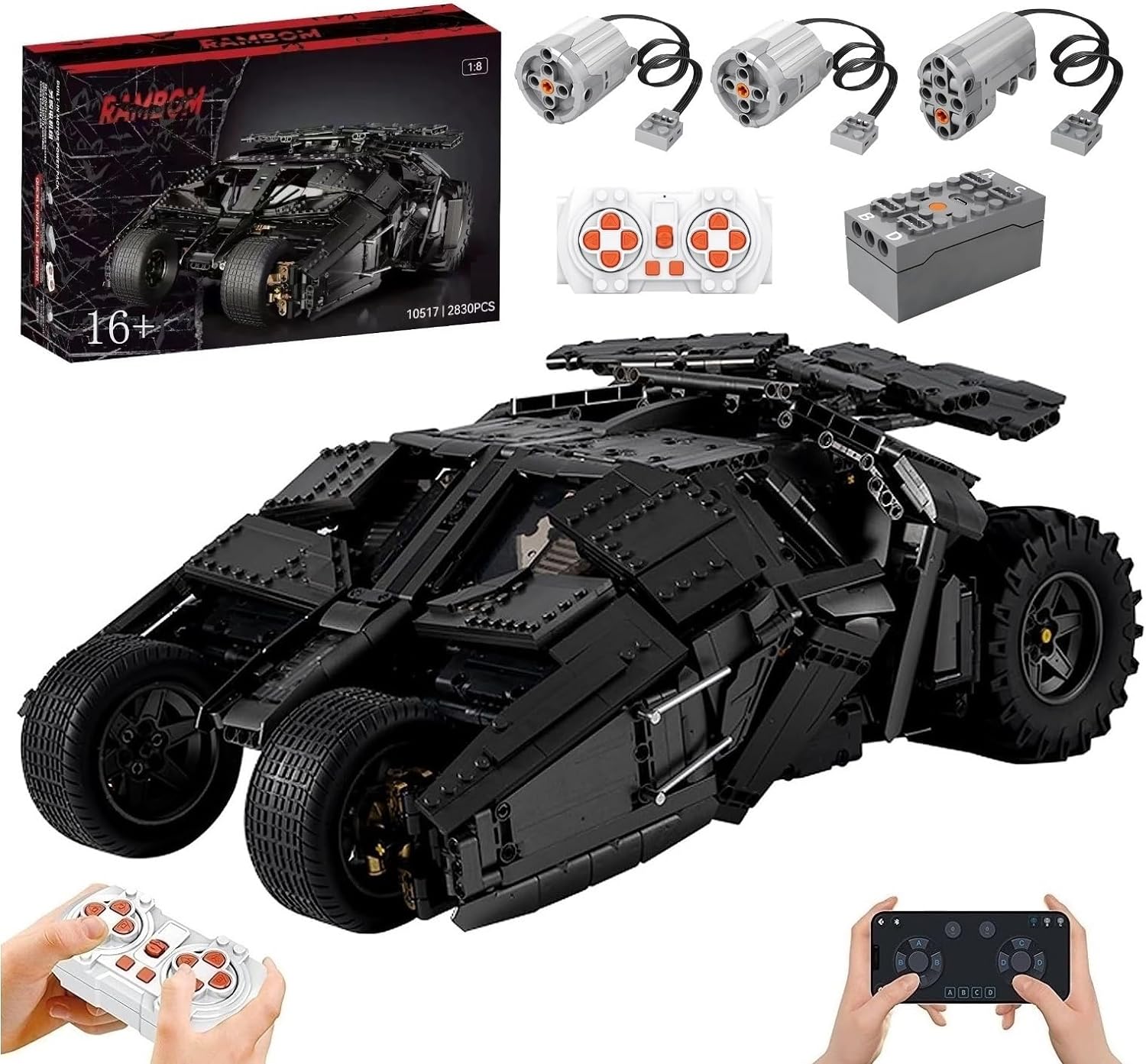 Technik Auto für Batmen Batmoblie, Mit Motor Set, 1:8 Groß Auto Modellbausatz, 2830 Teile Klemmbausteine Auto Bausteine MOC Bausatz, Kompatibel mit Technik Batman Batmobile Tumbler