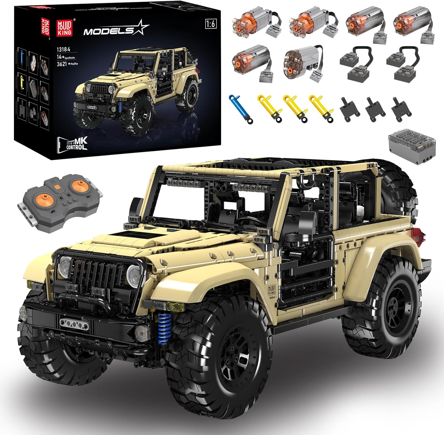 Technik JEEP Wranler Geländewagen Ferngesteuert, 1:6 Scale Offroader Modell mit 7 Motoren, 3621 Teile Pneumatisch SUV Auto Klemmbausteine Bausatz für LEGO Technik