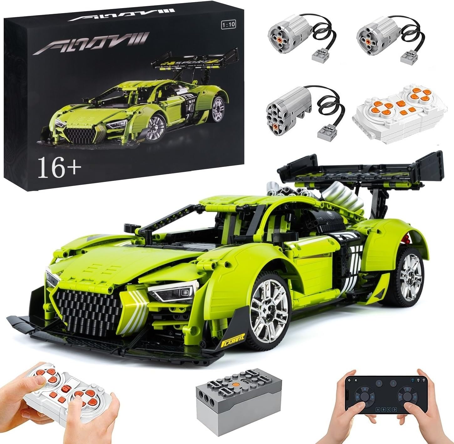 Technik Auto Umbau für Audi R8, Mit Motoren Set, 1:8 Groß Auto Modellbausatz, 2641 Teile Klemmbausteine Auto MOC Set, Kompatibel mit Audi Technik Auto