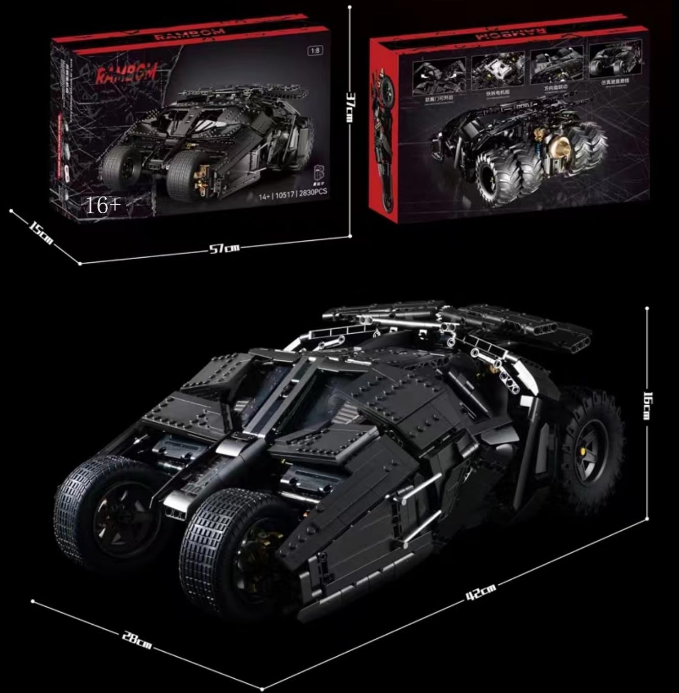 Technik Auto für Batmen Batmoblie, Mit Motor Set, 1:8 Groß Auto Modellbausatz, 2830 Teile Klemmbausteine Auto Bausteine MOC Bausatz, Kompatibel mit Technik Batman Batmobile Tumbler