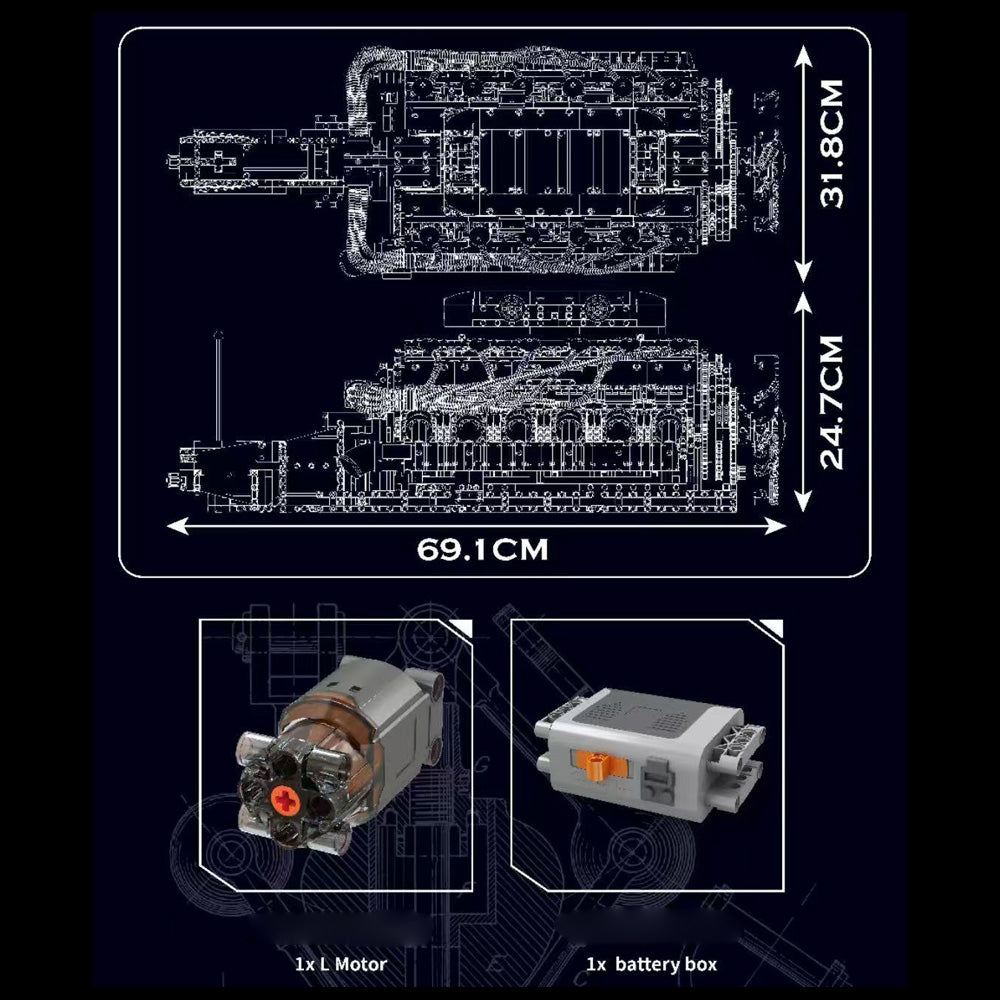 Technik V12 Motor Groß（V12）Die v12-Zylinder-Motor-Blockbausatz, 3472 Teile Technic Klemmbausteine Bausatz Enthält Motor und Batteriekasten V12-Motor