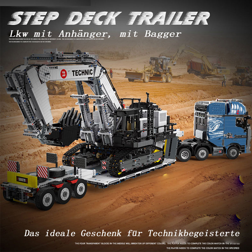 Technik LKW mit Anhänger, Iiebherr Bagger, 8591 Teile Technik LKW mit Anhanger, Technik RaupenBagger Bauset Kompatibel mit Lego Technik LKW Blau