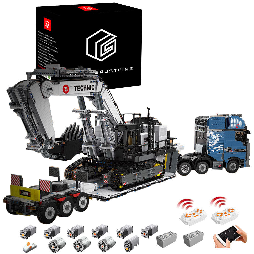 Technik LKW mit Anhänger, Iiebherr Bagger, 8591 Teile Technik LKW mit Anhanger, Technik RaupenBagger Bauset Kompatibel mit Lego Technik LKW Blau