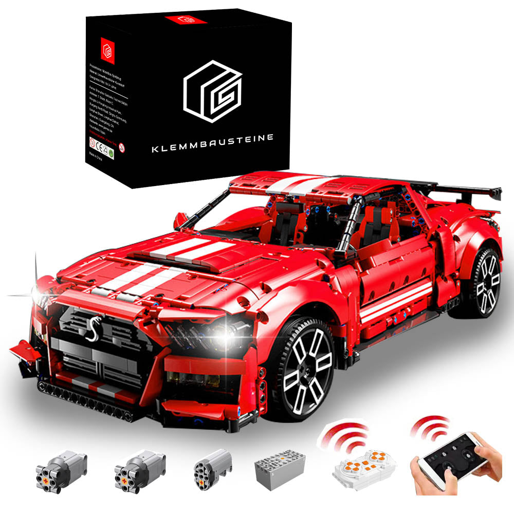 Ford Mustang GT500 Modell, Technik Rennwagen mit Motoren, LEDs Modell, Technik Ferngesteuert Auto Klemmbausteine Modellbau Kompatibel mit Lego Technik Auto