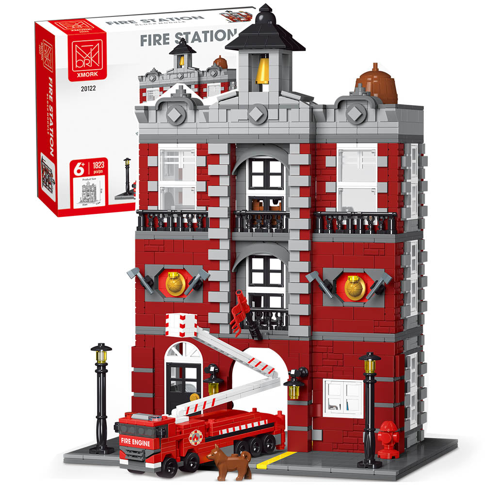 Fire Station Feuerwehrstation mit Feuerwehr LKW für Iego Modular Haus Bausatz, 1823 Klemmbausteine Riesiges Architekturmodell MOC Architektur im Europäischen Stil KompatibeI mit Iego Modular