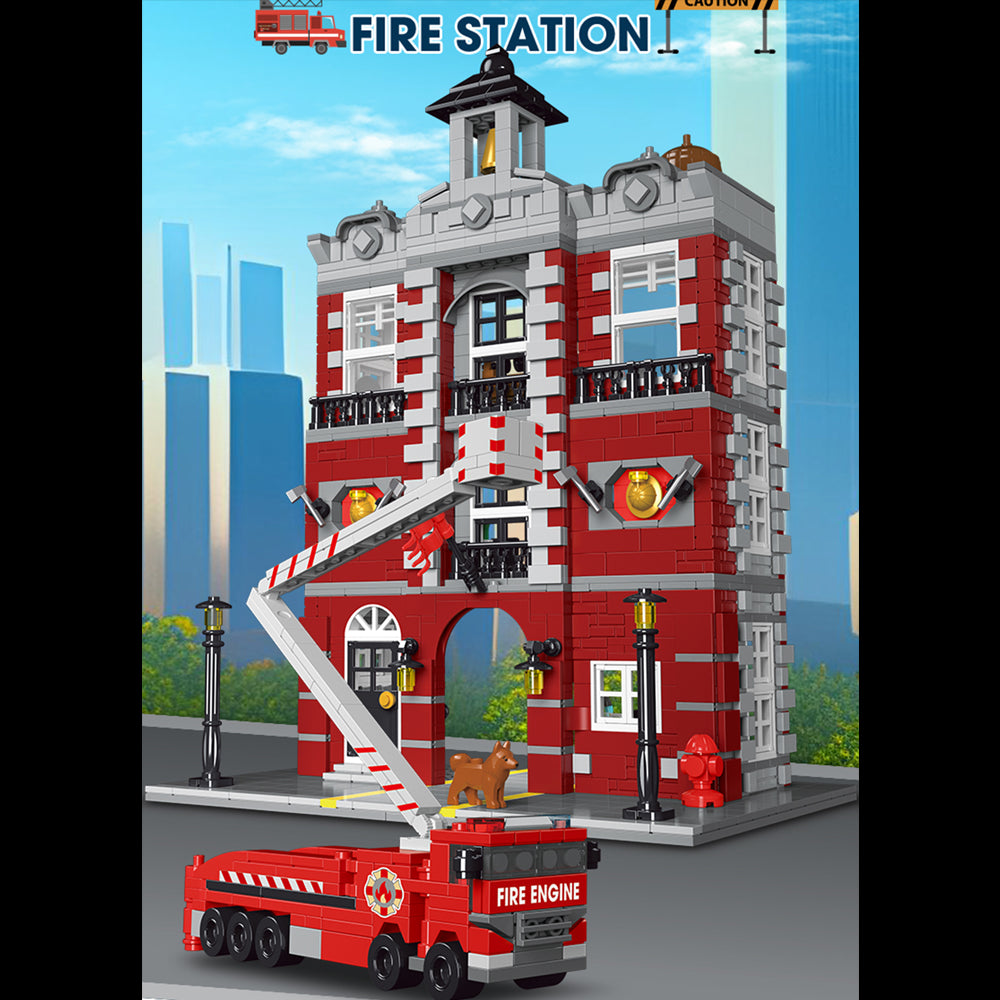 Fire Station Feuerwehrstation mit Feuerwehr LKW für Iego Modular Haus Bausatz, 1823 Klemmbausteine Riesiges Architekturmodell MOC Architektur im Europäischen Stil KompatibeI mit Iego Modular