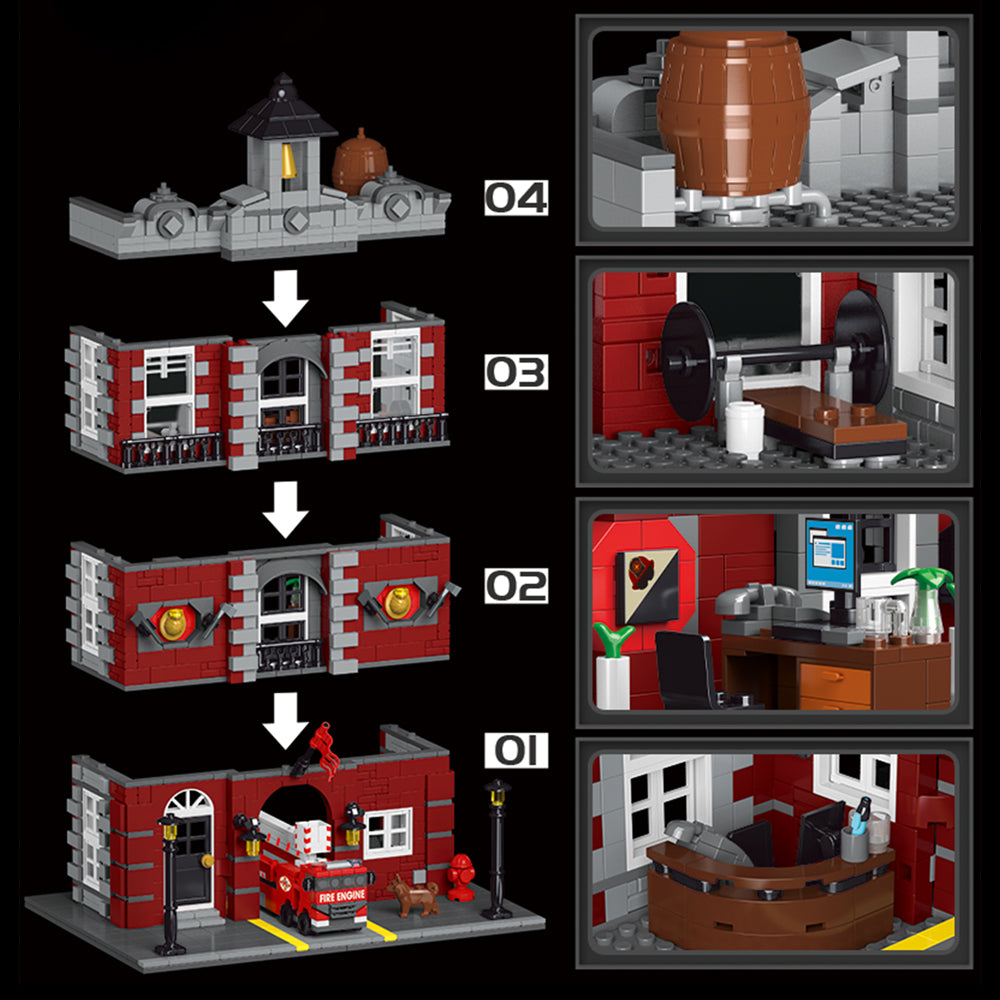 Fire Station Feuerwehrstation mit Feuerwehr LKW für Iego Modular Haus Bausatz, 1823 Klemmbausteine Riesiges Architekturmodell MOC Architektur im Europäischen Stil KompatibeI mit Iego Modular