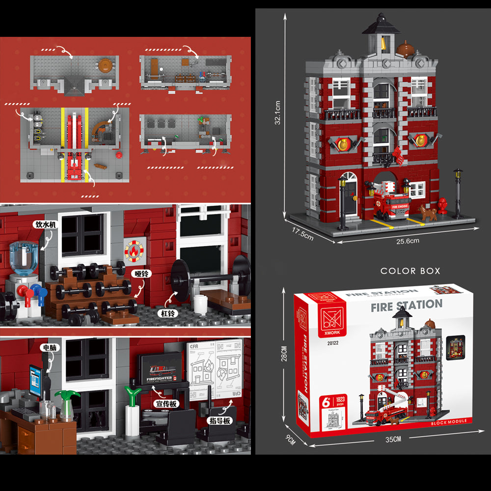 Fire Station Feuerwehrstation mit Feuerwehr LKW für Iego Modular Haus Bausatz, 1823 Klemmbausteine Riesiges Architekturmodell MOC Architektur im Europäischen Stil KompatibeI mit Iego Modular