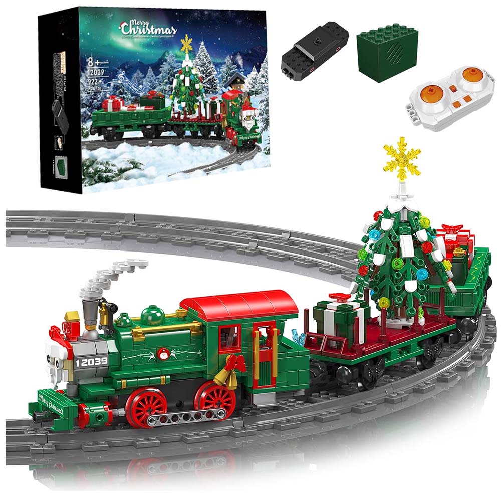 Mould King 12039 Festlicher Weihnachtszug Ferngesteuert Weihnachten Bausteine Bausatz, 922 Teile Elektrischer Weihnachtszug mit Schienen Mit Lautsprecher Klemmbausteine Bausatz