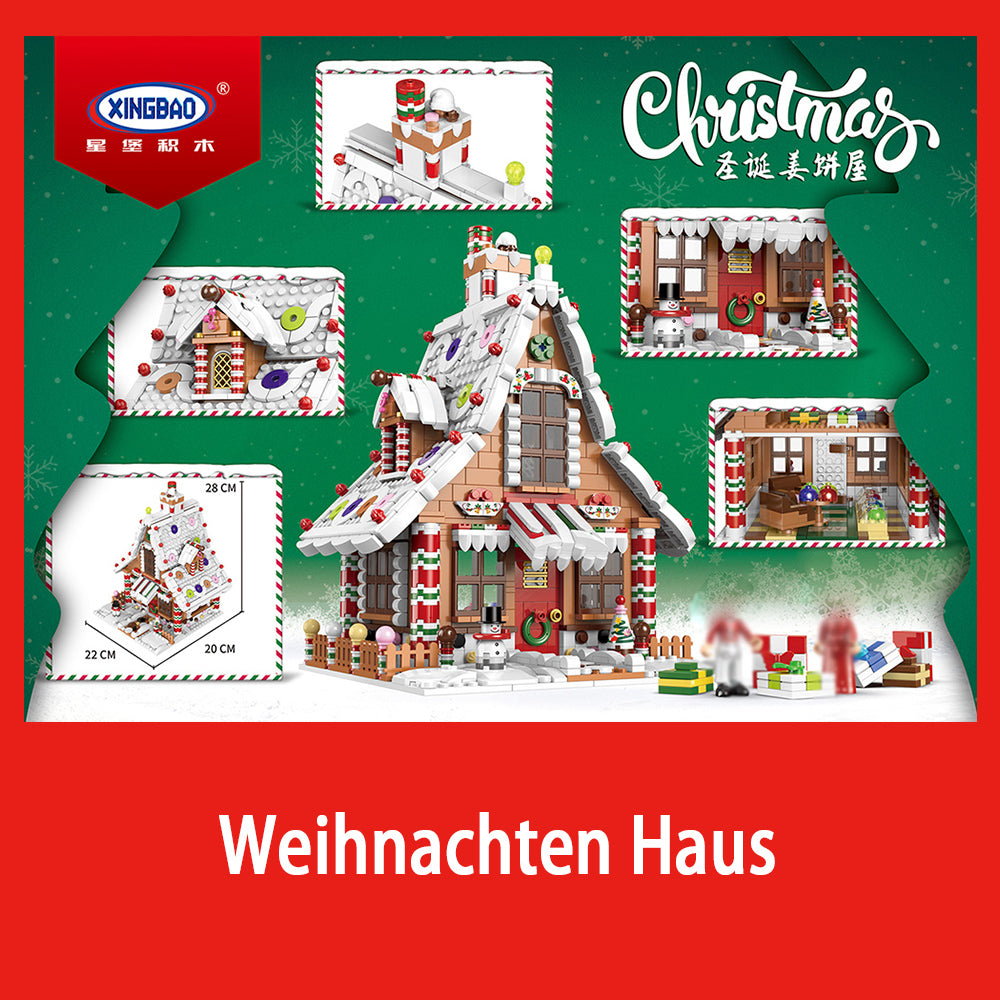 Creative Weihnachten Haus Lebkuchenhaus 4 in 1 Modell Bauset, Weihnachtsmann, Lebkuchenhaus, Rentierwagen, Schloss mit Weihnachten Haus mit LEDs Bausatz Kompatibel mit Lego Weihnachten