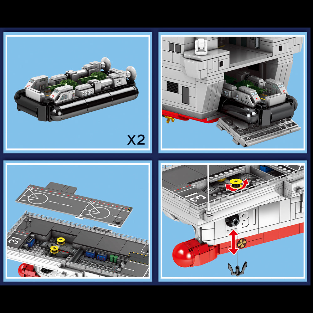 Technik Schiff Modell, Technik Militär Schiff mit Mini Marine Figuren, Hubschrauber Modelbau Kompatibel mit Lego - 3066 Teile