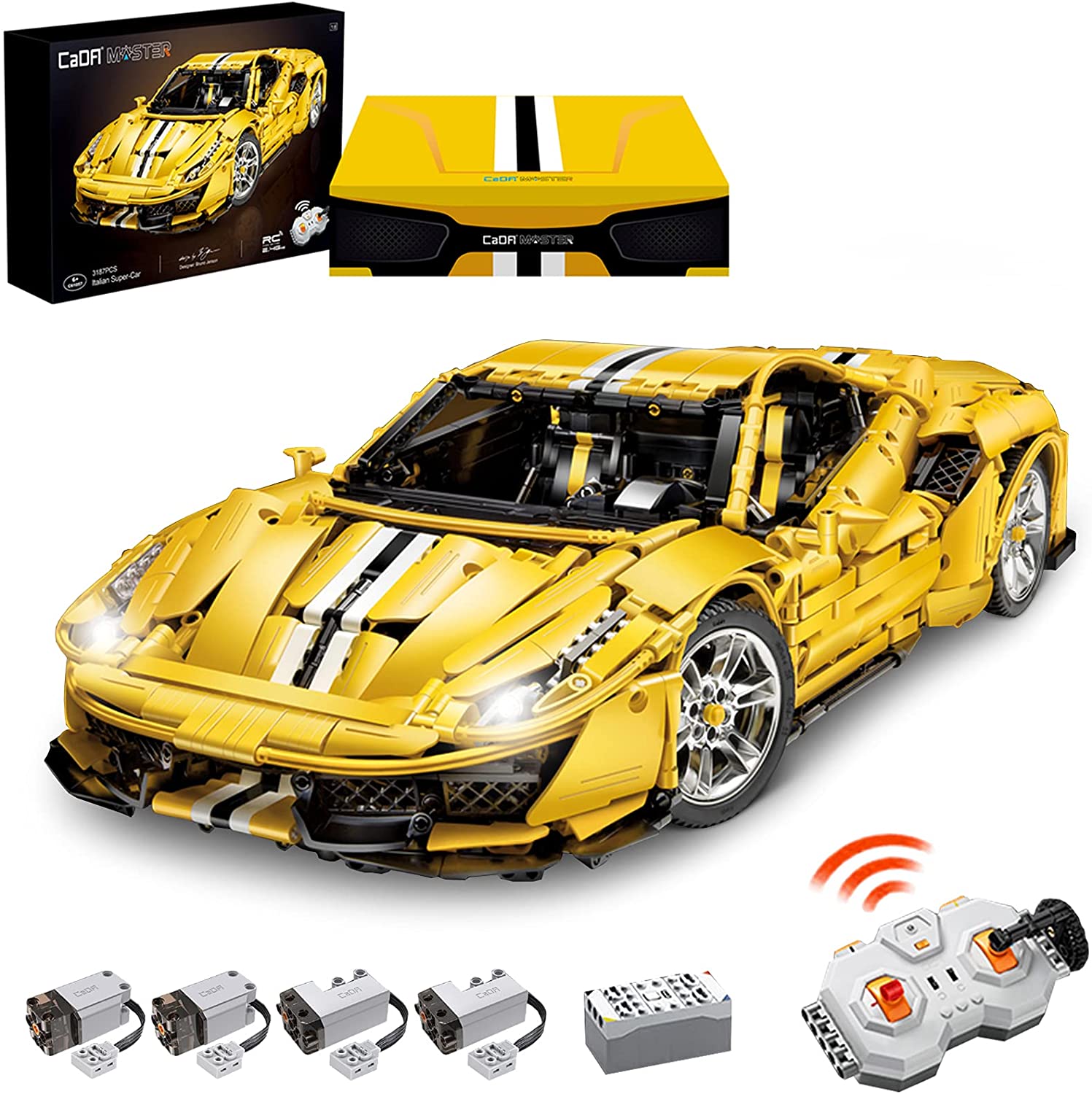 CADA Master C61057w Ferrari 488 Technic Bausteine, 3187 Teile 1: 8 Sportwagen Technik Ferngesteuertes Auto mit Motor und LED Beleuchtung Kompatibel mit Lego Technik (Kommt mit luxuriöser Originalverpackung)