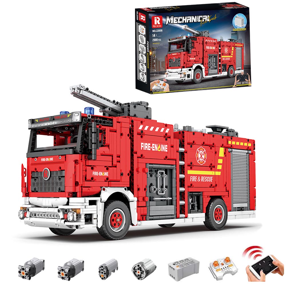 Technik Feuerwehrauto mit Wassertank 22008, Technik LKW Feuerwehr Auto Ferngesteuert Modell, 2888 Teile Technik Feuerwehr LKW Motorisierter Feuerwehrauto Kompatibel mit Lego Technik