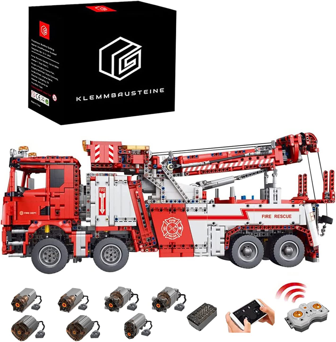 Technik LKW Feuerwehrauto Modell, 4883 Teile Technik Feuerwehr LKW mit Kran, 7 Motoren Bauset Kompatibel mit Lego Technik (Upgrade Version)