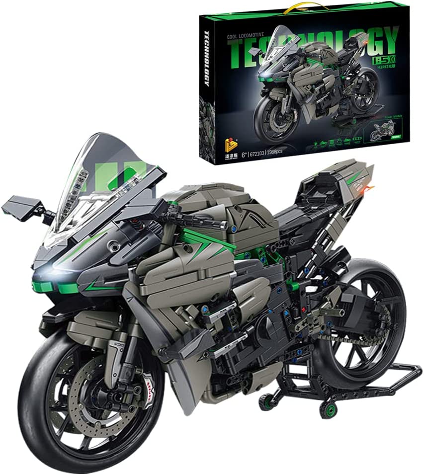 Technik Motorrad für Kawasaki H2R Modell, 1968 Teile Technik Supermotorrad Mit LED Beleuchtung Technic Motorrad Klemmbausteine kompatibel mit Lego Technik Motorrad, XL