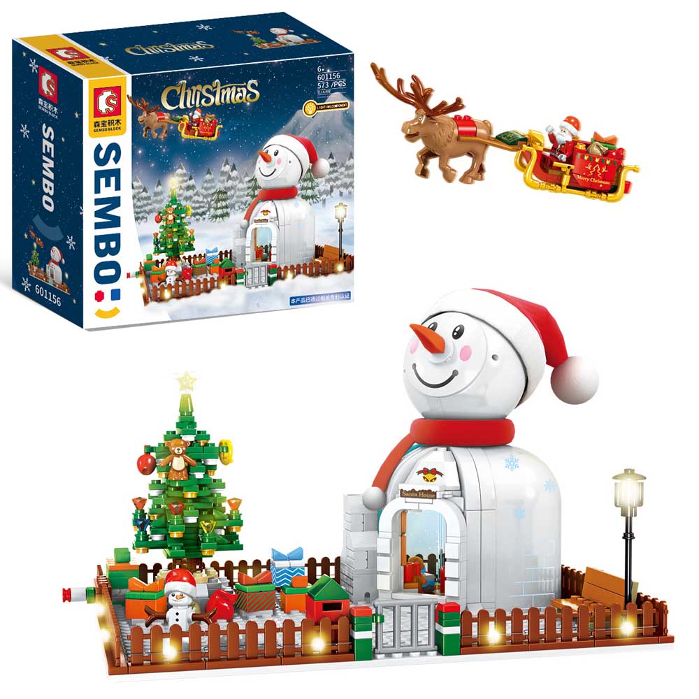 YOKES Creative Weihnachtshaus Weihnachten Schneemann Modell, 573 Teile Weihnachten 2021 Weihnachtsmann mit Schlitten LEDs Bausatz Kompatibel mit Lego Weihnachten