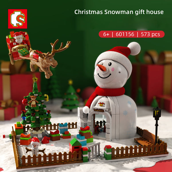 YOKES Creative Weihnachtshaus Weihnachten Schneemann Modell, 573 Teile Weihnachten 2021 Weihnachtsmann mit Schlitten LEDs Bausatz Kompatibel mit Lego Weihnachten
