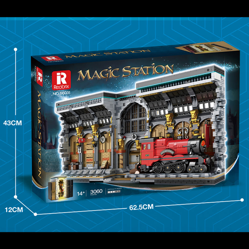 Reobrix 66031 Harry Potter Magic Station Modell, 3060 Teile Magischer Bahnhof mit Lokomotive, LEDs Modellbausatz Kompatibel mit Lego Harry Potter